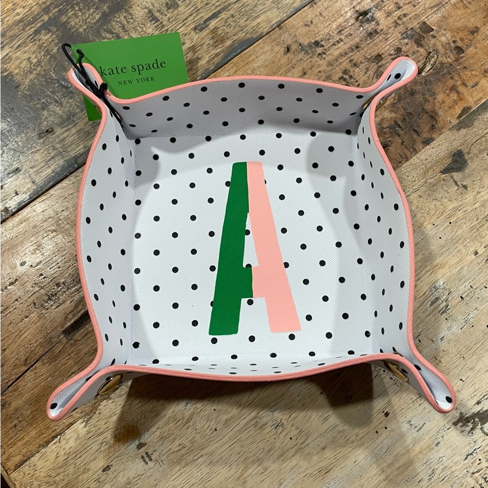 NEW Kate Spade ‘A’ Pink and Green Polka Dot Accessory Tray